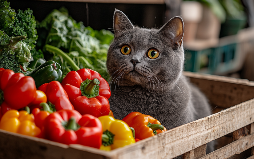 A cat that loves eating delicious vegetables