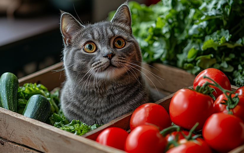 A fluffy cat that loves eating delicious vegetables